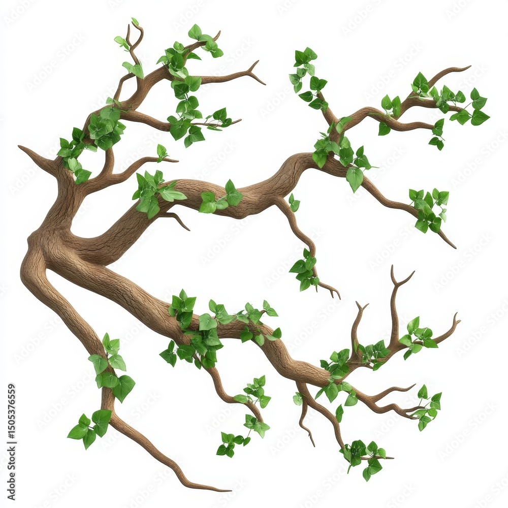 Fototapeta premium Twisted Wild Liana Vine, dense intertwined branches forming a natural frame, intricate textures, pure white background for clear isolation
