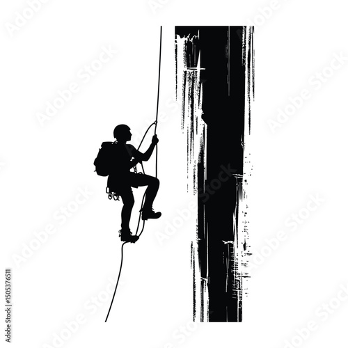 A person rappelling down a waterfall minimal black silhouette