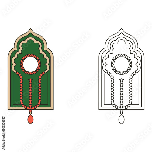 Vector art of Illustration of islamic prayer mat and tasbih isolated on white background for ramadan and eid