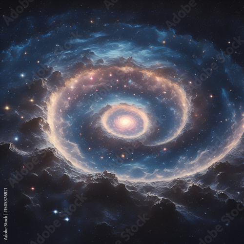 The text provides a detailed view of a spiral galaxy crater with glowing stars.