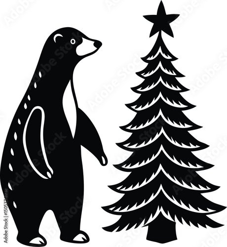 Polar Bear and Penguin Near Christmas Tree Silhouette