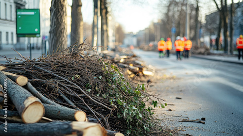Urban cleanup efforts display fallen branches and debris along the street in springtime
