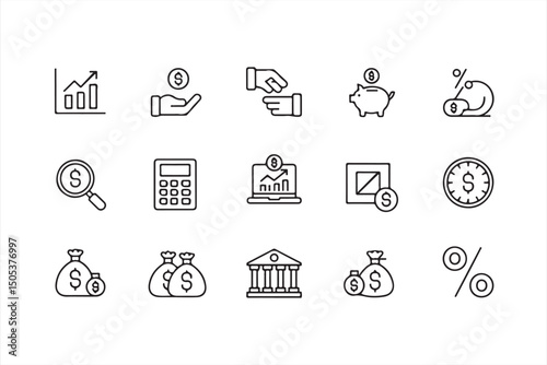 Vector Business Finance Icons Including Graphs, Calculators, and Money