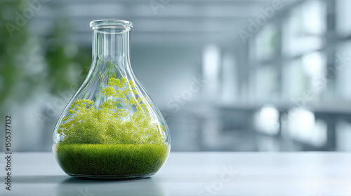 Glass flask filled with green algae biomass placed on clean surface in lab environment, representing biotechnology, sustainability, and renewable energy research