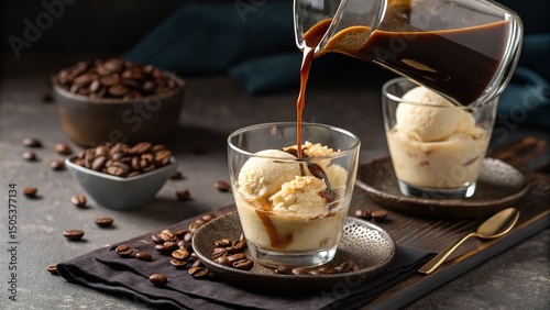 A delicious affogato being poured, with scoops of vanilla ice cream and roasted coffee beans.