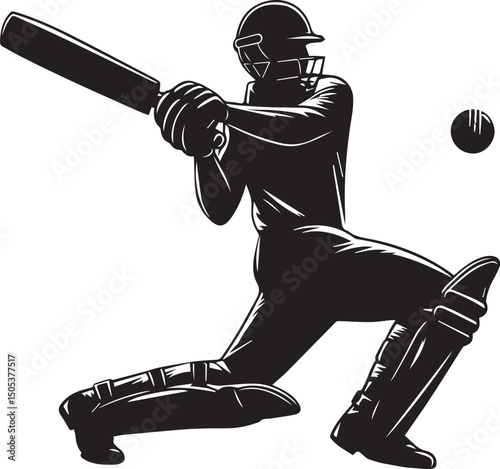 Cricket Batsman Silhouette Vector in Action Pose – Black and White Sports Art