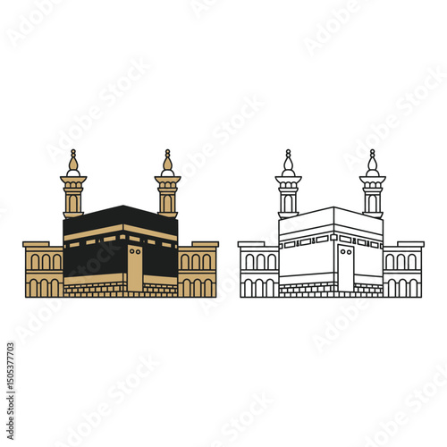  Vector art of Illustration of the holy kaaba in mecca saudi arabia with a line art version isolated