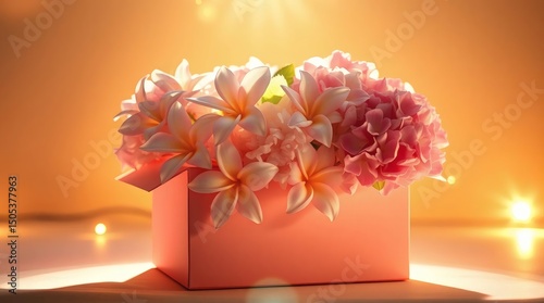 Elegant Pink Plumeria and Hydrangea Bouquet with Warm Light