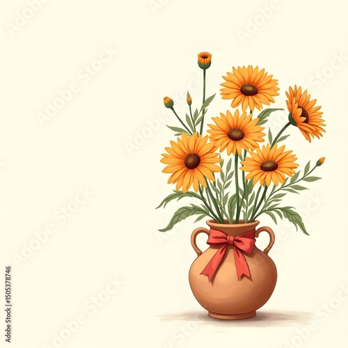 Summer Bliss: Dazzling Orange Daisies in Hand-Painted Vase