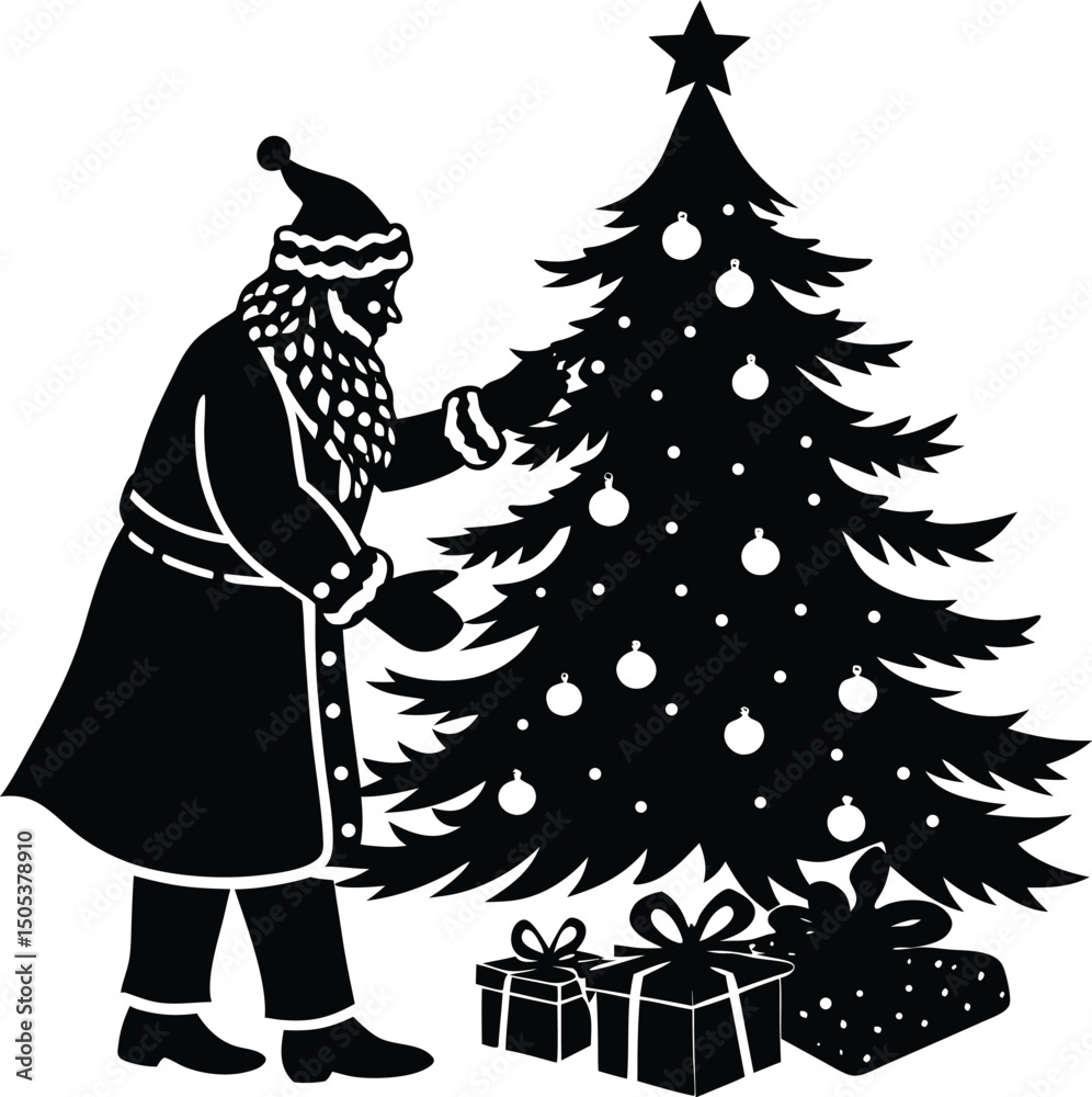 Obraz premium Santa Placing Gifts Under Tree Silhouette