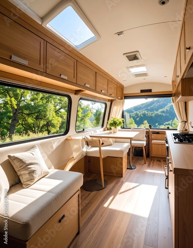 A cozy, plush couch sits centrally in a well-lit RV, surrounded by warm wood paneling and large windows, inviting relaxation during travel.
