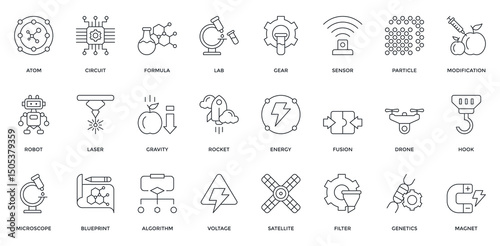 Science And Engineering icon set. Containing atom, formula, lab, robot, energy, nanotech, genetic. Outline style