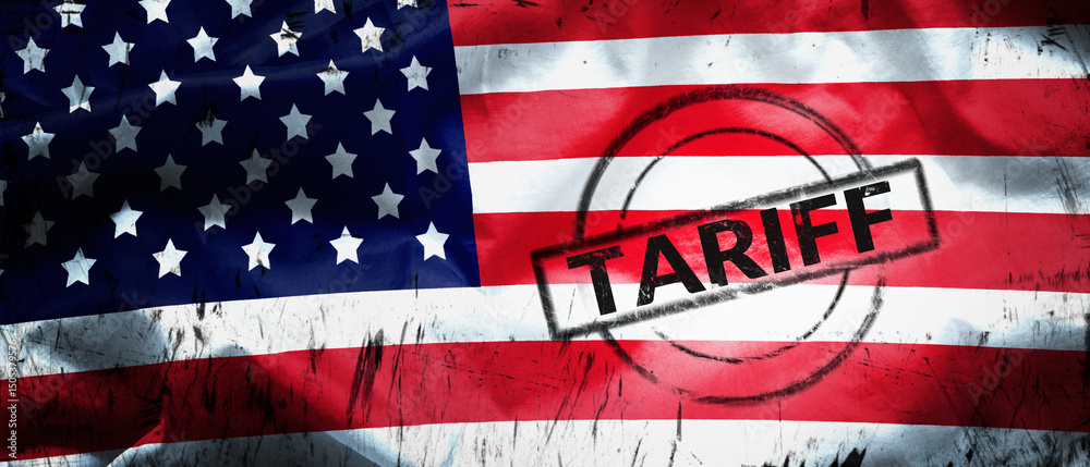 Obraz premium tax tariffs, trade war and economic war concept. USA flag with black stamp text TARIFF