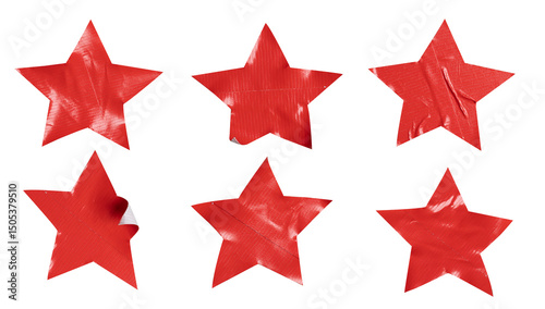 Set of red stars stickers, each sticker made from textured plastic film with a crumpled texture, isolated on white background, png