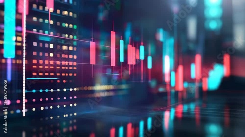 Glowing digital chart display with colorful candlestick graphs indicating market trends and data analysis