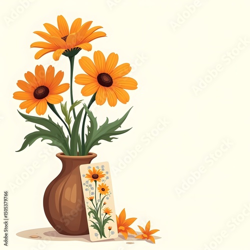 Summer Serenity: Orange Daisy Vase and Pressed Flower Bookmark Greeting Card