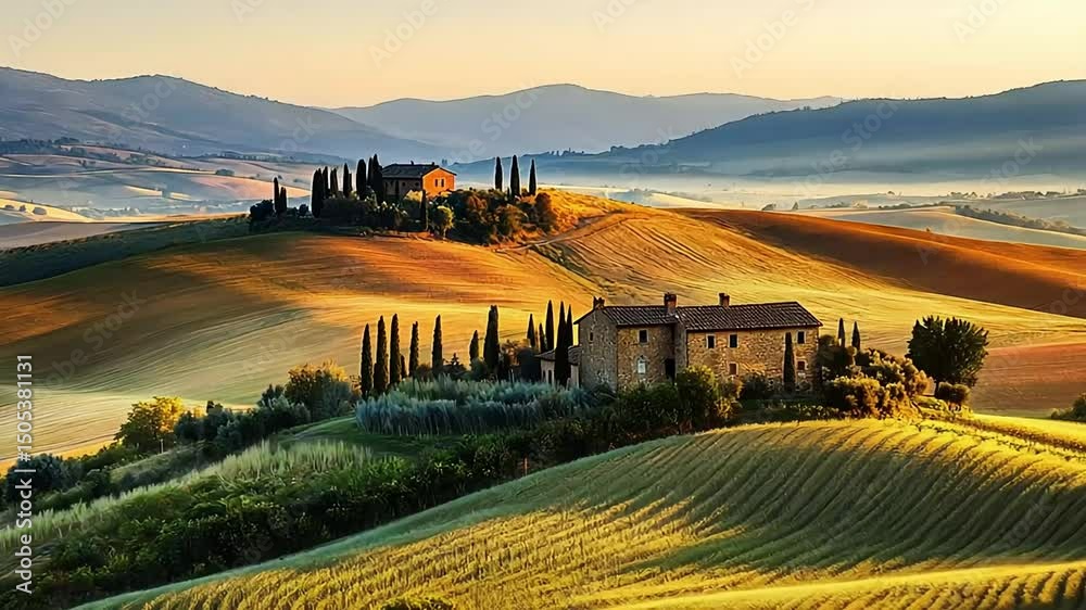 Golden sunrise illuminates rolling Tuscan hills, farmhouses nestled among cypress trees, creating a serene landscape