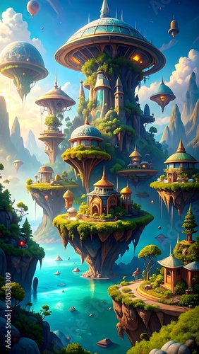 A vibrant fantasy island featuring whimsical houses nestled among lush, towering trees, surrounded by sparkling turquoise waters and colorful flowers.