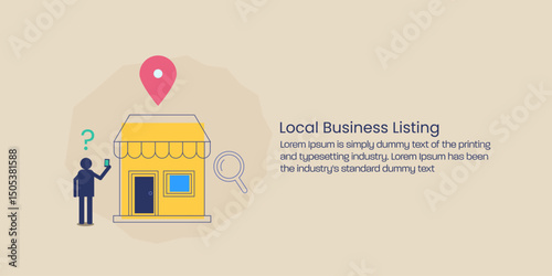 Stick figure finding store location on mobile device, local search technology.