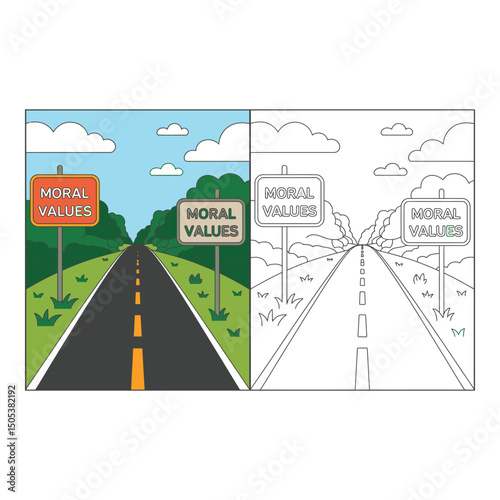Vector art of Road to moral values with signs on either side in color and black and white version