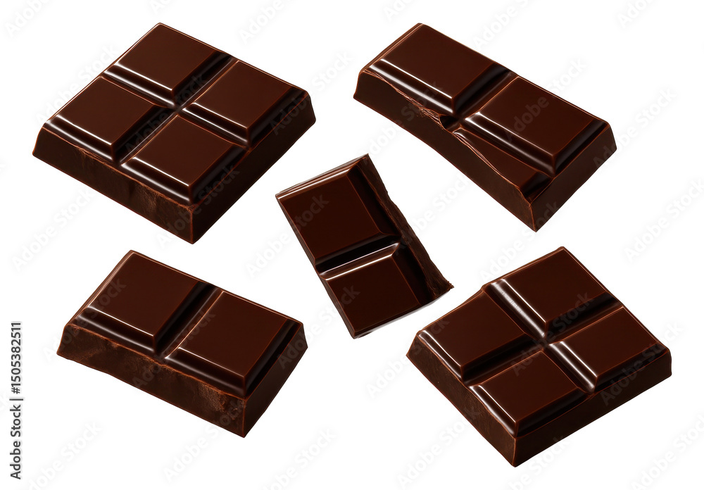 Multiple pieces of smooth, rich dark chocolate squares and rectangles on transparent background. Multiple pieces of smooth, rich dark chocolate squares and rectangles on transparent background.