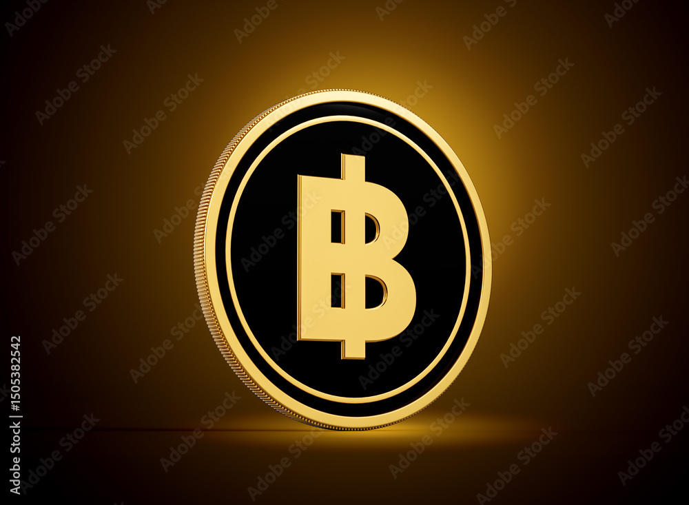 Golden And Black Rounded Thailand Baht Coin Isolated On Shiny Golden Glow Background 3d Illustration Golden And Black Rounded Thailand Baht Coin Isolated On Shiny Golden Glow Background 3d Illustration