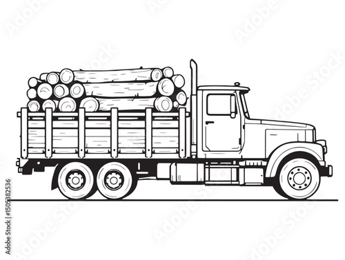 Hand drawn logging truck line art illustration design