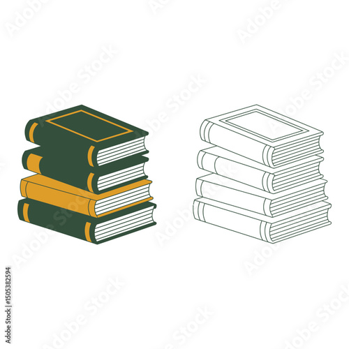 Vector art of Stack of colorful books with outline drawing isolated on white background vector illustration