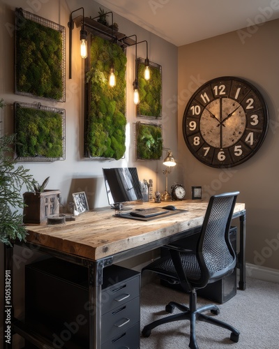 Rustic office space with exposed wood and metal accents.