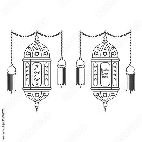 Vector art of Two ramadan kareem lanterns with stars and moons isolated on white background for islamic celebration