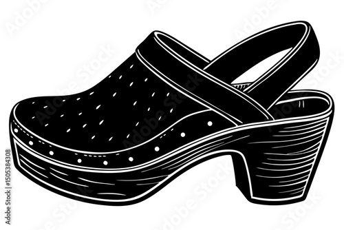 Stylish Black Wooden Clog with High Heel Fashion Illustration, clog, wooden, high, heel, fashion, footwear, visual, resource, aesthetic, premium, picture, quality, clipart, minimal, trendy, download, 
