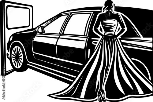 Elegant Woman in Gown Awaiting Luxury Car Arrival, woman, gown, car, luxury, arrival, grace, occasion, graphics, visual, important, moment, aesthetic, premium, formal, special, picture, clipart, glamo