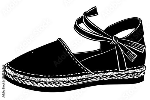 Elegant Black Espadrille with Ankle Tie Summer Shoe Illustration, espadrille, shoe, black, ankle, tie, graphics, visual, minimalist, picture, monochrome, trend, clipart, website, comfortable, sketch, 