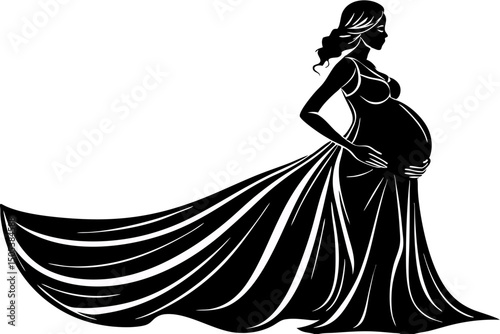 Elegant Silhouette of a Pregnant Woman in a Flowing Gown, pregnant, woman, silhouette, gown, motherhood, grace, visual, serene, hope, aesthetic, shower, announcement, monochrome, joyful, inspiration