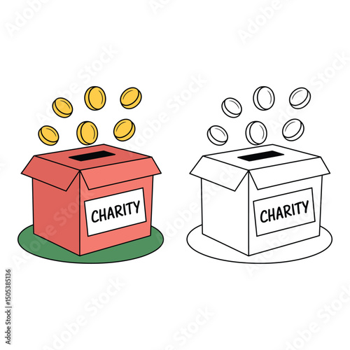 Vector art of Charity donation boxes with falling coins isolated on white background in color and black and white