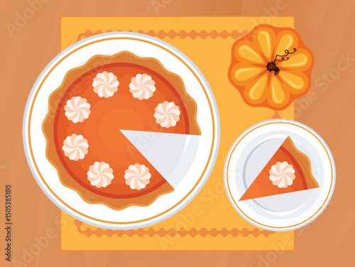 Pumpkin pie with whipped cream on a plate top view vector illustration. Whole and piece pumpkin pie on a wooden table above view vector. Cake on the table drawing