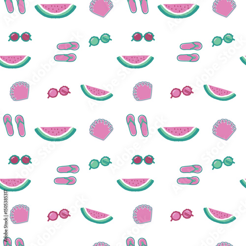 Cute and colorful seamless summer vector pattern with beach accessories on transparent background — fun repeat design perfect for kids and holiday projects.