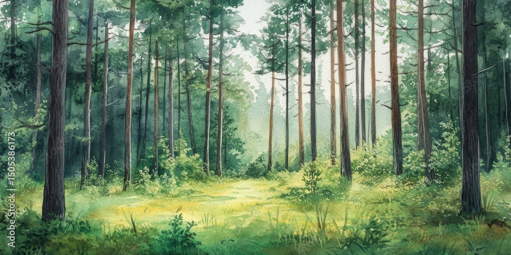 Naklejka premium Watercolor painting of green forest woods trees, hand drawn fir and spruce trees, landscape .background illustration