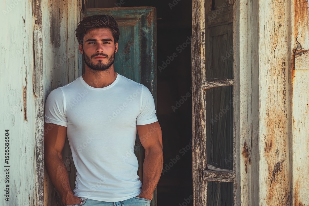 Fototapeta premium a photo of a handsome fit model guy with a blank white canvas long sleeve shirt. pastel blue wall background. Generative AI