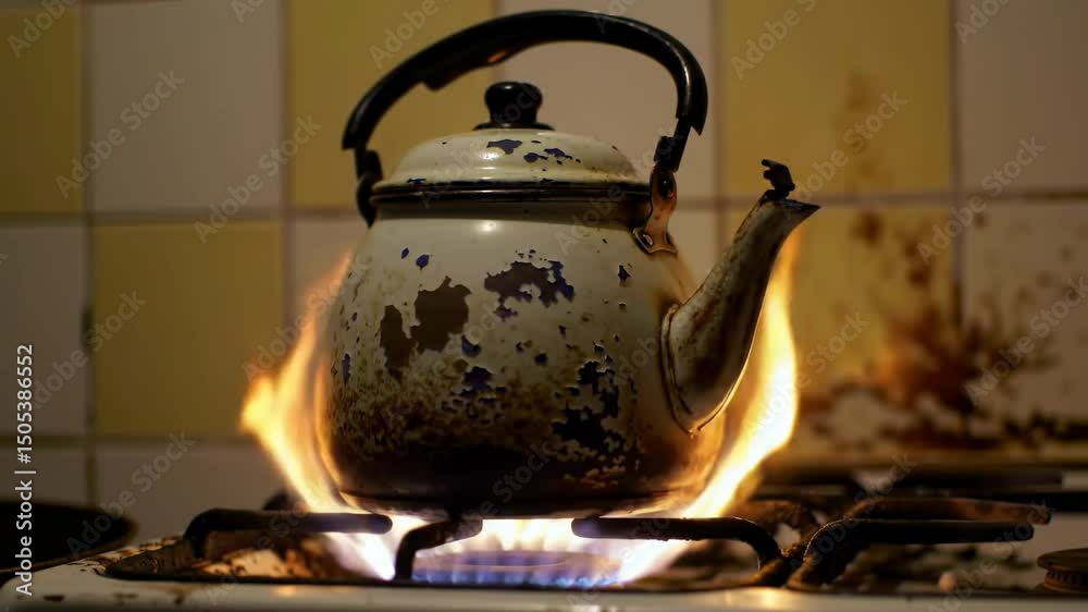 A rusted kettle on a flaming gas stove A rusted kettle on a flaming gas stove
