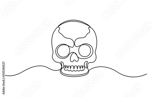 Human scull. One line continuous Halloween skull isolated on white background. Line art vector illustration.