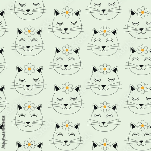 Cute White Cat faces with flowers on their heads seamless pattern. For fabric, pet accessories and textile