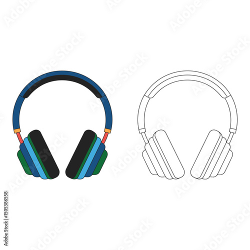 Vector art of Colorful headphones and outline drawing isolated on white background for creative projects