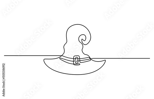 Witch hat one line art. Continuous line drawing of Halloween theme, autumn mood, horrible, performance, fortune teller, gypsy, magic attribute, Halloween costume.