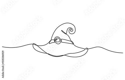 Witch hat one line art. Continuous line drawing of Halloween theme, autumn mood, horrible, performance, fortune teller, gypsy, magic attribute, Halloween costume.