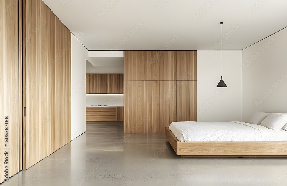 Fototapeta premium Modern, minimalist bedroom interior design featuring light wood accents.