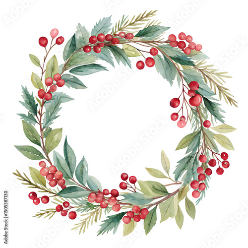 Watercolor christmas wreath illustration with red berries and green leaves on black background
