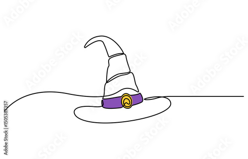 Witch hat one line art. Continuous line drawing of Halloween theme, autumn mood, horrible, performance, fortune teller, gypsy, magic attribute, Halloween costume.
