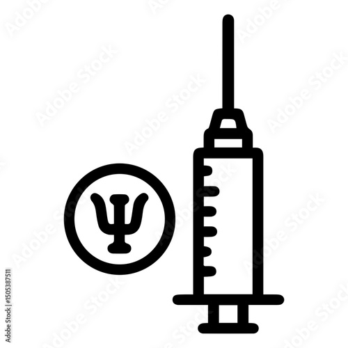 Syringe positioned next to a circular emblem containing the Psi (Ψ) symbol (outline style). Represents psychiatric or psychological treatment, therapeutic intervention, and aspects of mental health