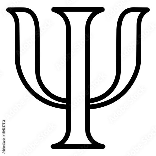 Minimalist black and white illustration of the Greek letter Psi (Ψ), depicted as a distinct symbol (outline style). Represents psychology, psychiatry, and the broader fields of the human mind